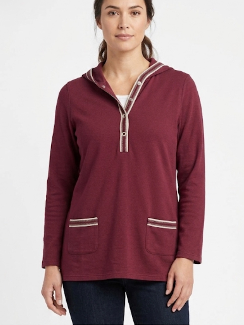 Sport Savvy women’s snap button burgundy jacket cream rivets size M